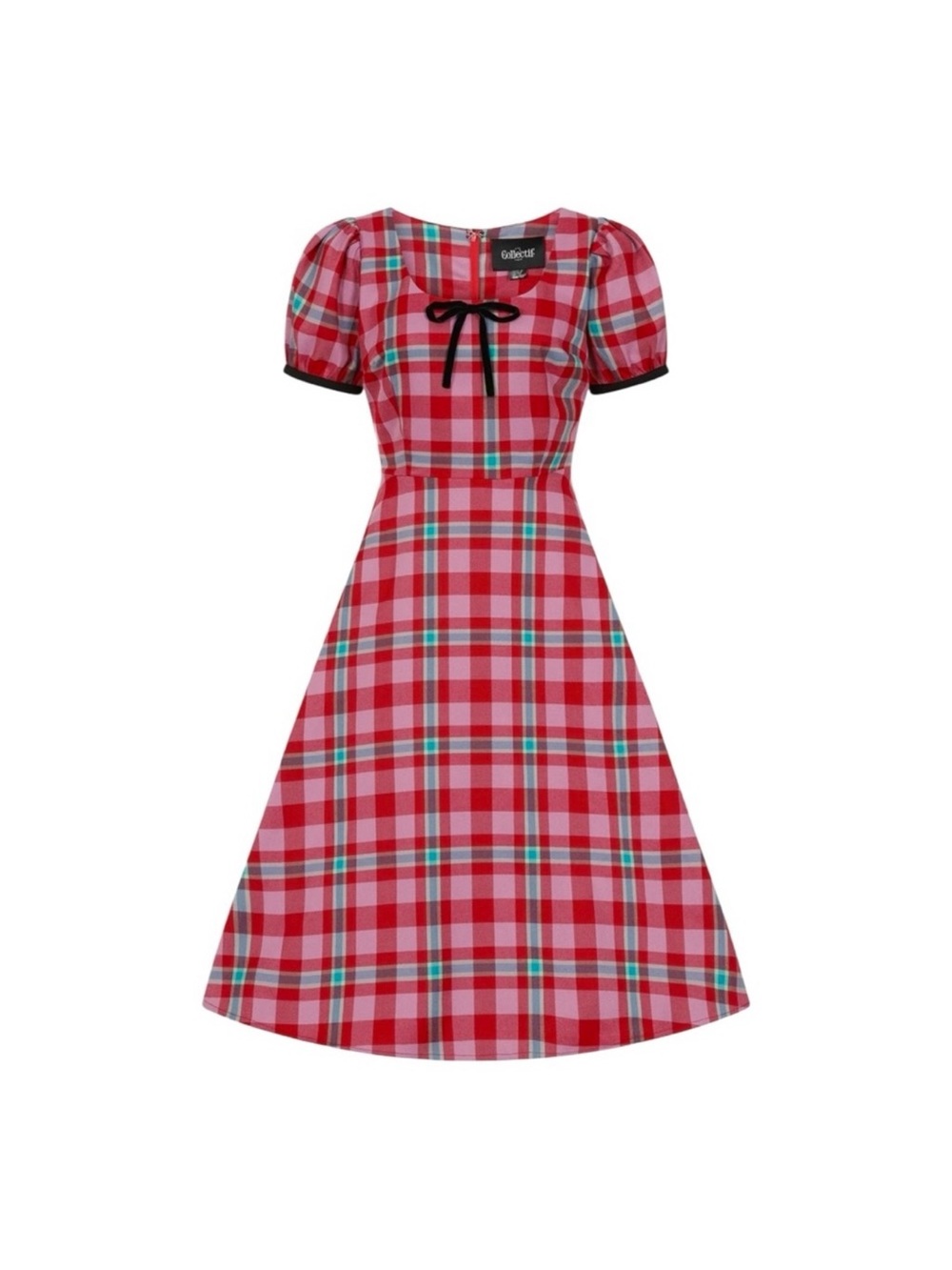 Collectif Pink and Red Plaid Midi Dress with Black Trim